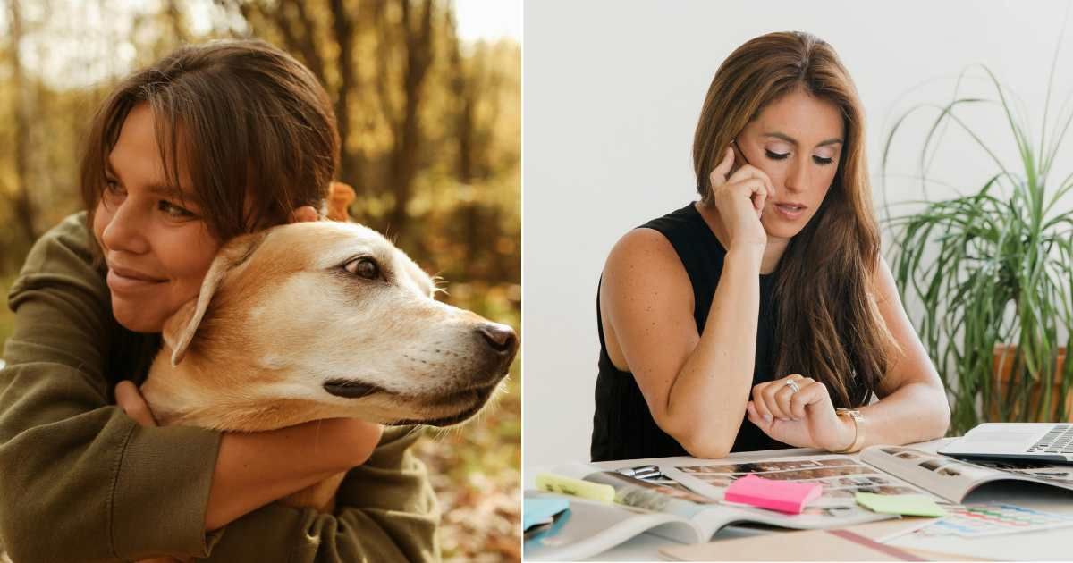 (L) Woman relieved as she hugs pet dog. (Representative Cover Image Source: Pexels| Polina Tankilevitch), (R) Woman at work making phone call. (Representative Cover Image Source: Pexels| RDNE Stock Project)