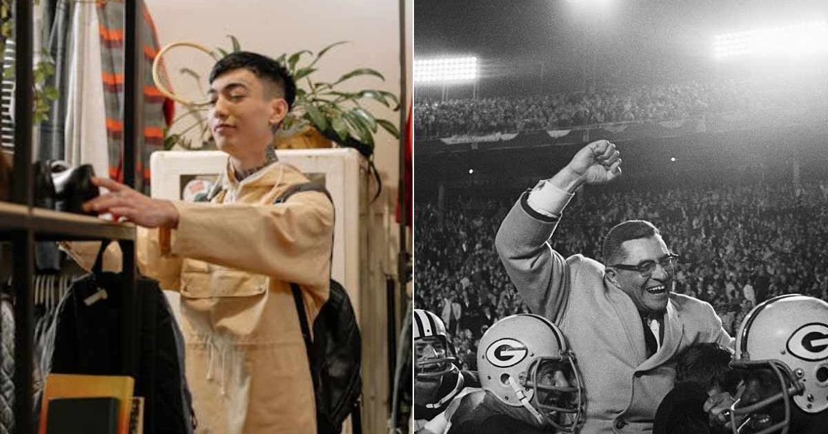 (L) Man at a thrift store. (R) Vince Lombardi being carried by Green Bay Packers players after defeating the Dallas Cowboys. Representative Cover Image Source: Pexels | Cottonbro Studio; Getty Images | Bettmann