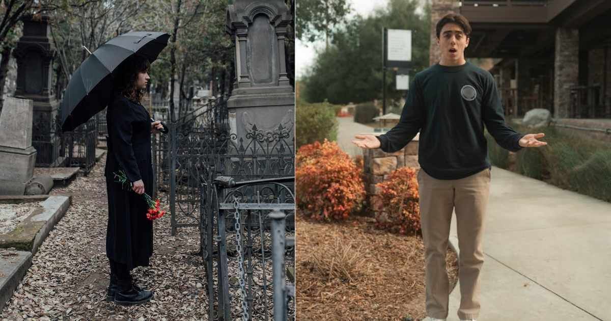 (L) Woman standing at distance while attending funeral in cemetery. (Representative Cover Image Source: Pexels| Arina Krasnikova), (R) A funeral manager looks shocked after seeing a person. (Representative Cover Image Source: Pexels| Scott Neil)