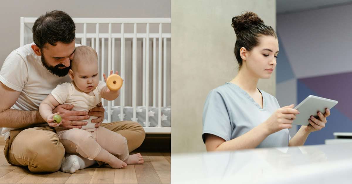 (L) Dad home alone with daughter. (Representative Cover Image Source: Pexels| Mart Production), (R) Nurse at work Facetiming while looking worried. (Representative Cover Image Source: Pexels| Cedric Fauntleroy)