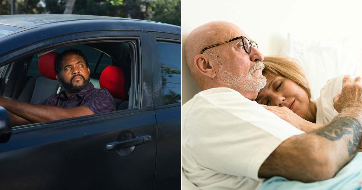 (L) Man looking at something intently while driving; (R) Worried elderly couple embraces each other. (Representative Cover Image Source: Pexels | Photo by (L) Kindel media; (R) SHVETS Production)