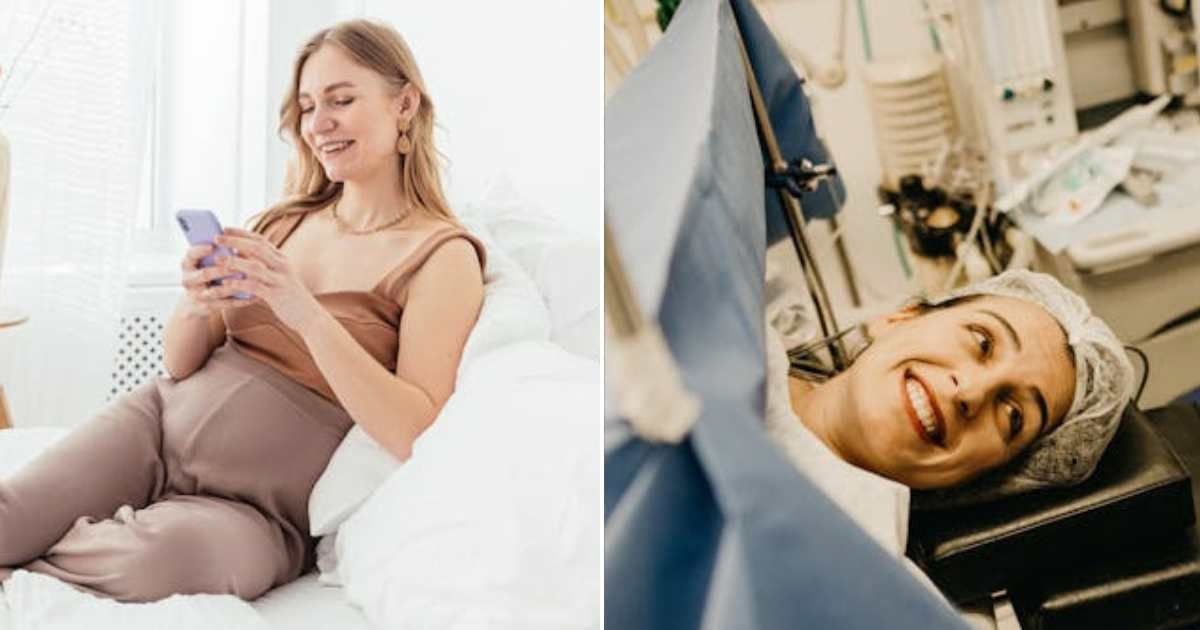 (L) Pregnant woman using her phone; (R) Mom smiling after her delivery at the hospital. (Representative Cover Image Source: Pexels | (L) Antoni Shkraba Studio; (R) Jonathan Borba)