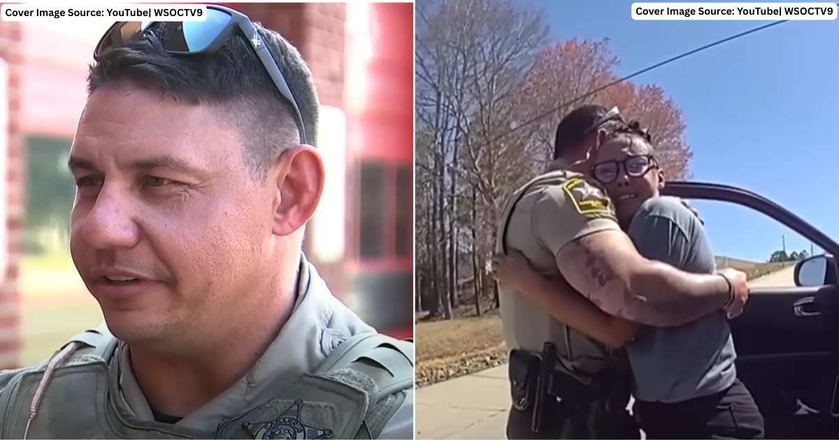 (L) Deputy Shawn Singleton speaks in interview. (Cover Image Source: YouTube| WSOCTV9), (R) Katelynn Ricchini hugs officer Singleton after moving interaction. (Cover Image Source: YouTube| WSOCTV9)