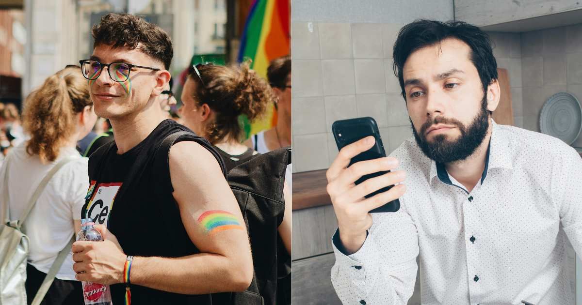 (L) Gay man smiling at pride event. (Representative Cover Image Source: Pexels| Simon Ly), (R) Man looking at phone apologetically while typing message. (Representative Cover Image Source: Pexels| Mikahil Nilov)