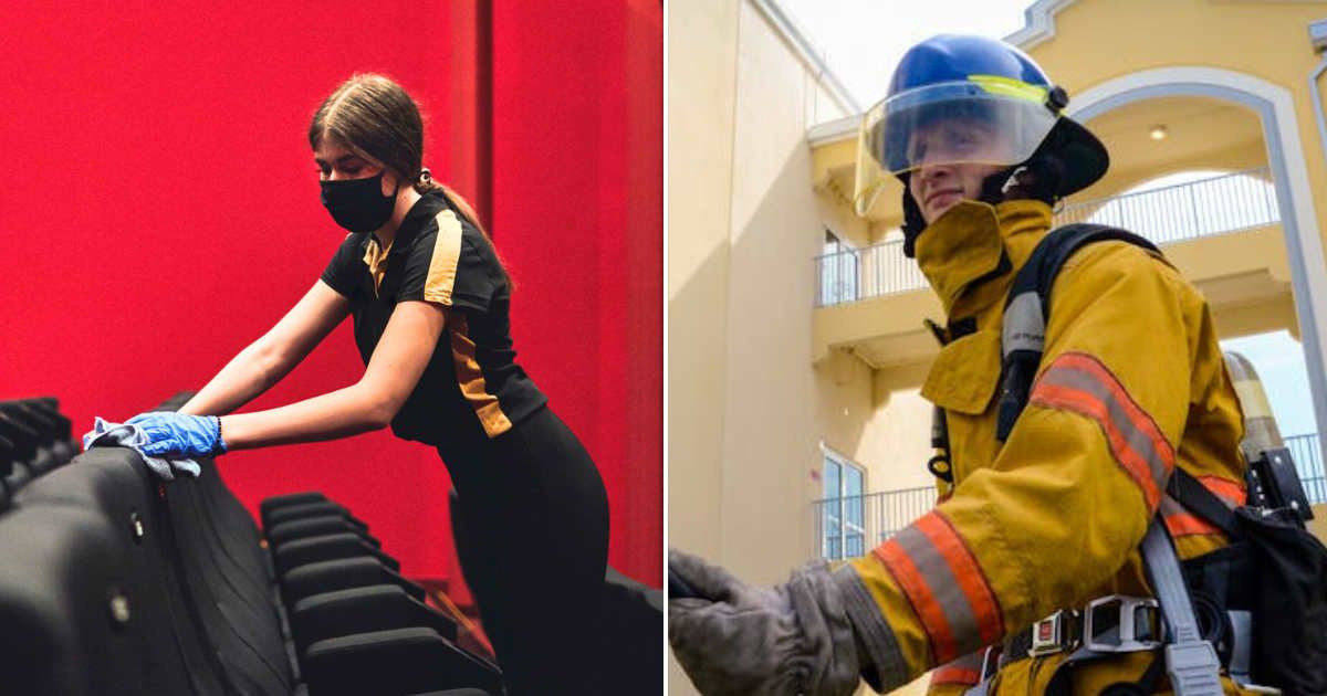 (L) A threatre worker cleaning the seats. (R) A firefighter at work. Representative Cover Image Source: Getty Images | Vgajic; Pexels | Mandie Inman