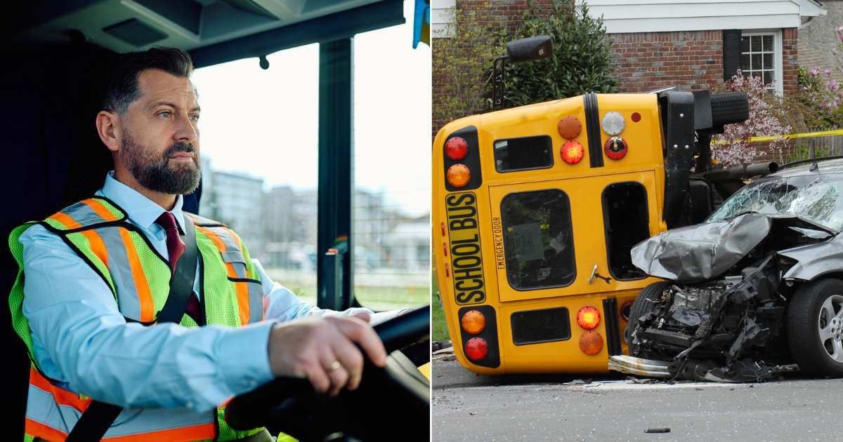 (L) School bus driver looking worried while driving. (Representative Cover Image Source: Getty Images| Drazen Zigic), (R) A car crashed into a school bus. (Representative Cover Image Source: Getty| Bluebird13)