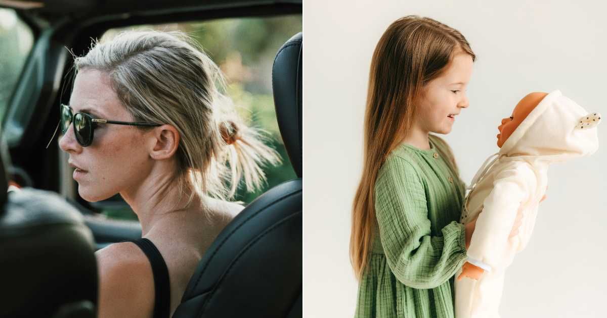 (L) Mom looking shocked inside car while driving.  (Representative Cover Image Source: Unsplash | Josh Duke), (R) Little girl affectionately playing with doll. (Representative Cover Image Source: Pexels| Polesie Toys)