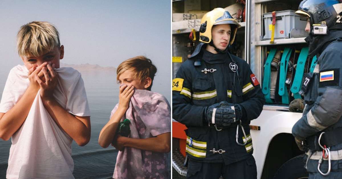 (L) People covering their noses to avoid unpleasant smell. (R) Firefighters talking to each other. Representative Cover Image Source: Getty Images | Cavan Images; Pexels | Anna Shvets
