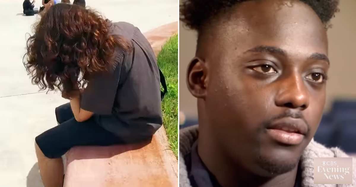 (L) Student eating alone at lunch. (R) The high school senior giving an interview. Cover Image Source: YouTube | CBS News