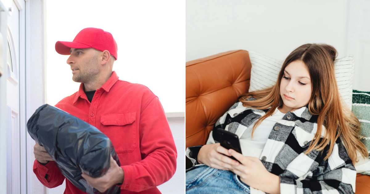 (L) Delivery man leaving package on doorstep. (Representative Cover Image Source: Pexels| Kampus Production), (R) Woman at home checking phone. (Representative Cover Image Source: Pexels| Karolina Grabowska)