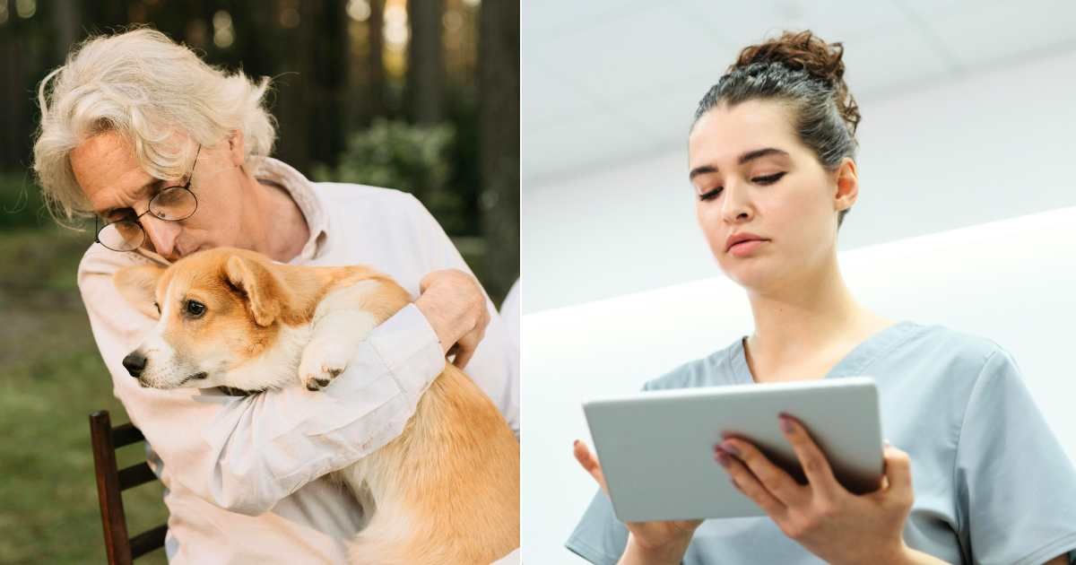 (L) Elderly man caressing pet dog. (Representative Cover Image Source: Pexels| Cottonbro studio), (R) Nurse thoroughly looking at something on iPad. (Representative Cover Image Source: Pexels| Cedric Fauntleroy)