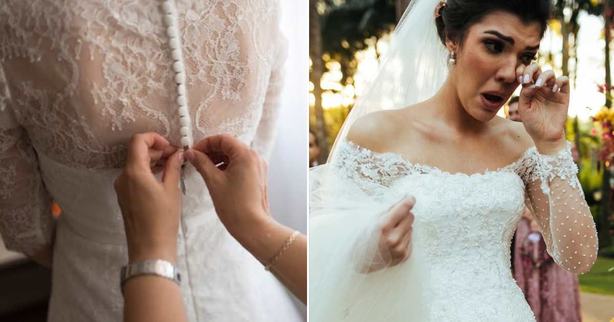 (L) A person fixing a bride's dress. (R) A bride crying on her wedding day. Representative Cover Image Source: Pexels | Dmitry Zvolskiy; Getty Images | FG Trade