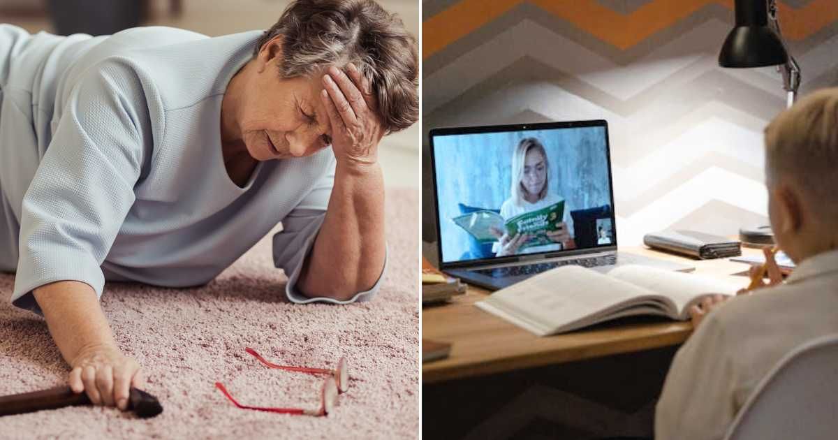 (L) Senior woman holding her head after falling. (R) Boy on Zoom call. Representative Cover Image Source: Getty Images | Katarzyna Bialasiewicz; Pexels | Tima Miroshnichenko