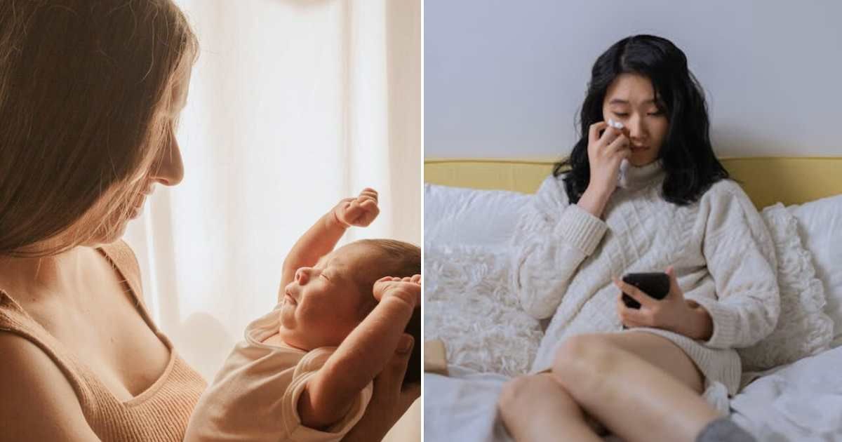 (L) Mom holding her newborn baby. (R) A woman crying while looking at her phone. Representative Cover Image Source: Pexels | Andressa Chagas; Cottonbro Studio
