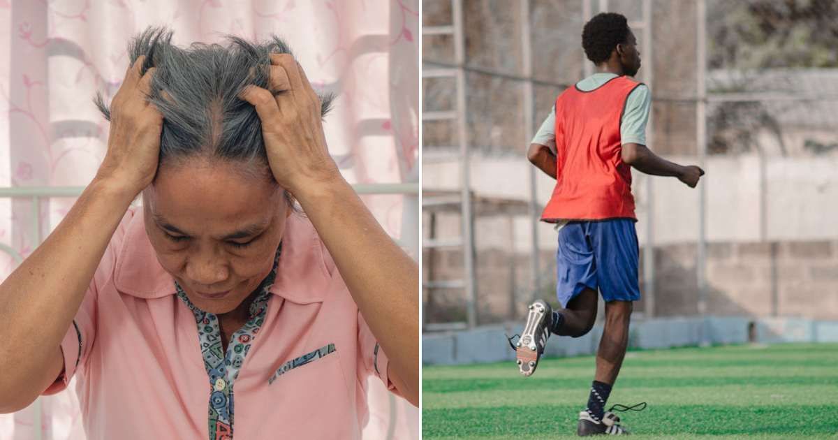 (L) Distressed senior woman holding her head. (R) Boy running in an outdoor space. Representative Cover Image Source: Getty Images | Mongkolchon Akesin; Pexels | Alfredo Dacosta