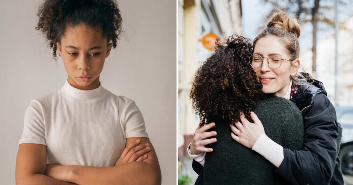 (L) Disappointed teen girl looking ahead. (R) Two women giving each other a hug. Representative Cover Image Source: Pexels | Monstera Production; Getty Images | Tom Werner