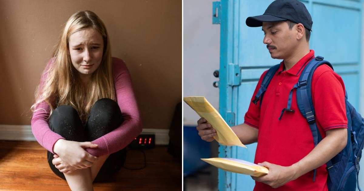 (L) Teen girl hugging her knees and crying. (R) Postal service worker delivering mail. Representative Cover Image Source: Pexels | RDNE Stock project; Getty Images | Deepak Sethi