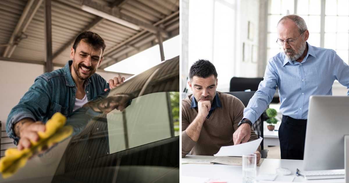 (L ) An employee cleaning a car. (R) A manager scolding his employee in office. (Representative Cover Source: Pexels | left image by DjelicS and right one by Vladimir Vladimirov)
