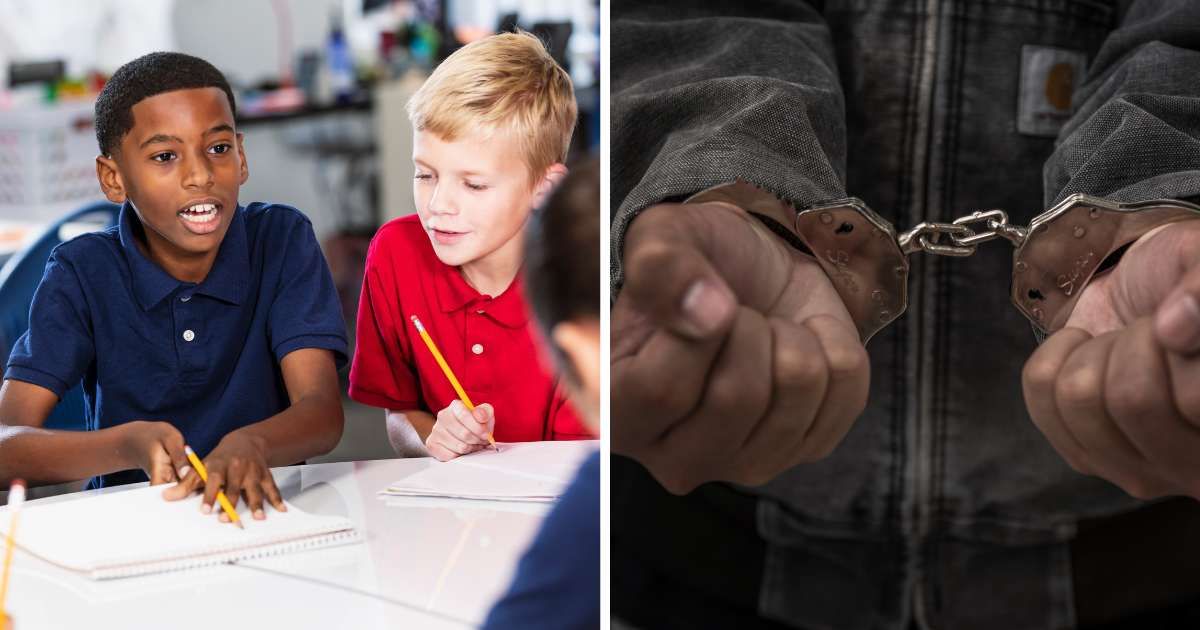 (L ) Two school kids in a classroom; (R) A prisoner wearing handcuffs (Representative Cover Source: Getty | left image by Kali9 and right one by boonchai wedmakawand)