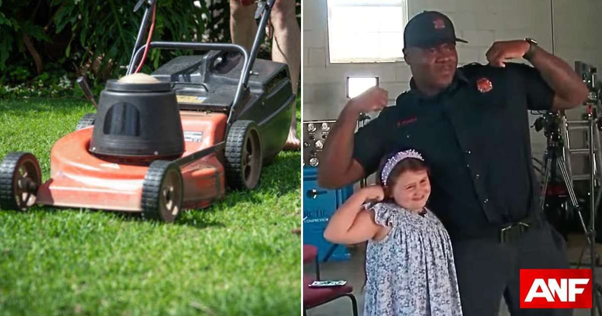(L) A lawn mower on the grass. (R) The girl posing with the firefighter. Representative Cover Image Source: Pexels | Magda Ehlers; YouTube | Atlanta News First