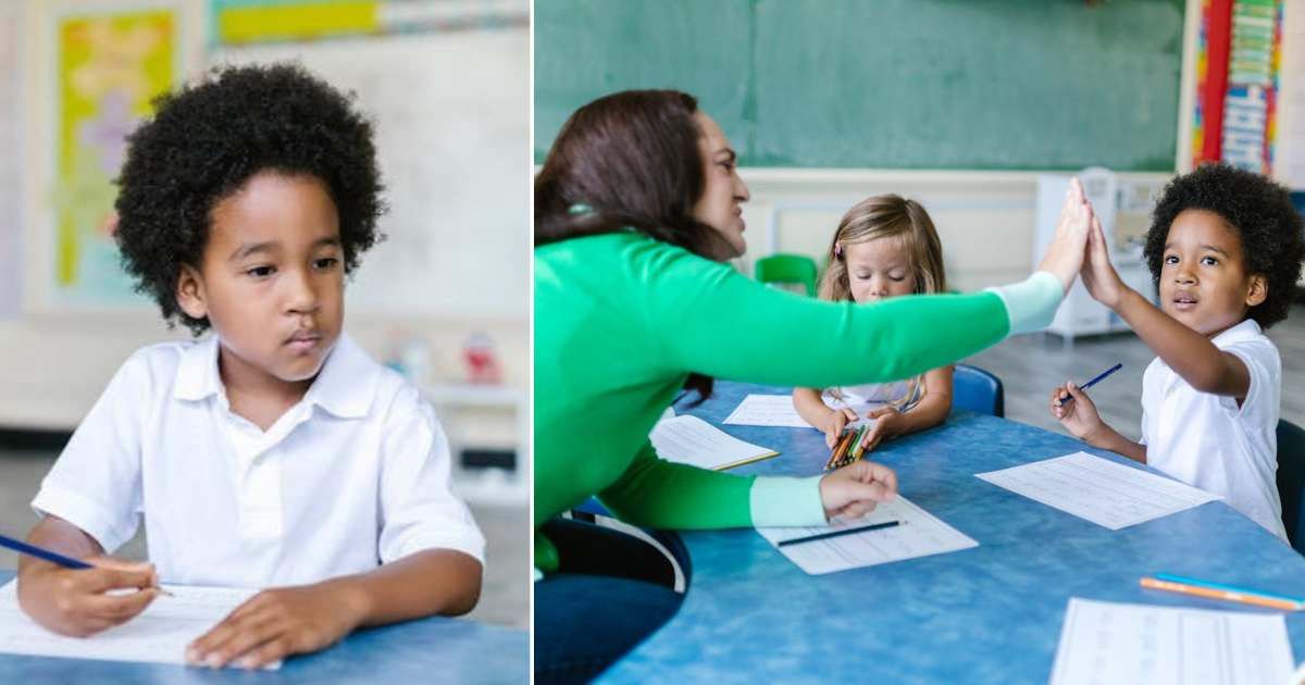 (L) A kindergarten student looking upset. (R) A teacher trying to cheer up the upset student. Representative Cover Image Source: Pexels | RDNE Stock Project
