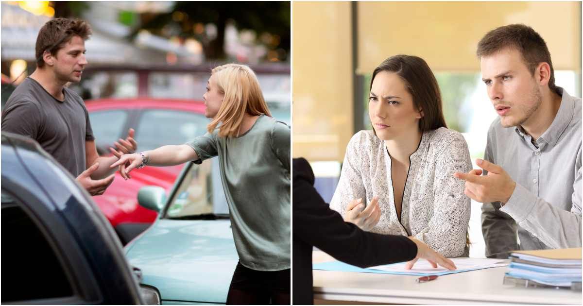 (L) Two drivers after a traffic accident; (R) Couple talking to an insurer (Representative Cover Source: Getty Images | Photo by (L) stevecoleimages; (R) AntonioGuillem)