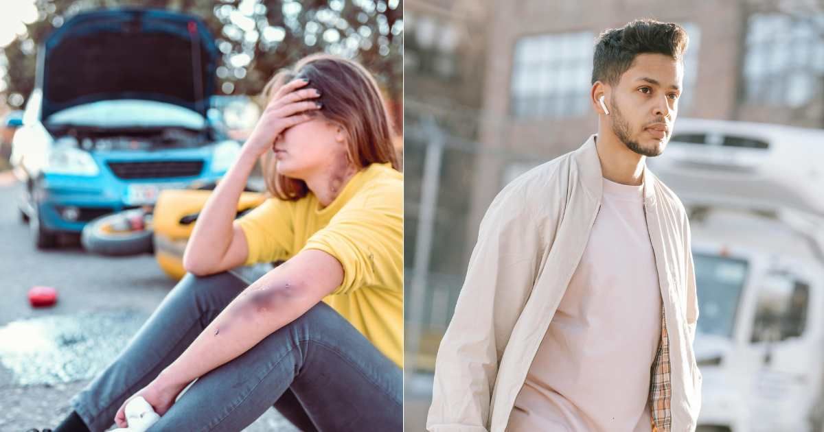 (L) Injured teen sits in pain after accident. (Representative Cover Image Source: Getty Images| Aleksandar Georgiev), (R) Man noticing something while walking on street. (Representative Cover Image Source: Pexels| Michael Burrows)