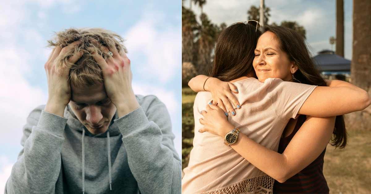 (L) Worried man holding head in hands. (Representative Cover Image Source: Pexels| cottonbro studio), (R) Woman hugging person in relief and with gratitude. (Representative Cover Image Source: Pexels| Mental Health America)