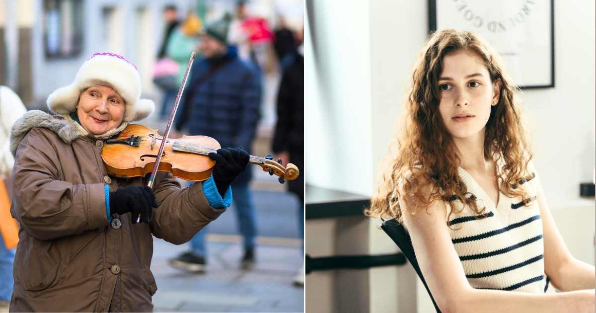 (L) Elderly woman playing violin. (Representative Cover Image Source: Unsplash| vladislav nikonov), (R) Concerned woman noticing something. (Representative Cover Image Source: Pexels| cottonbro studio)