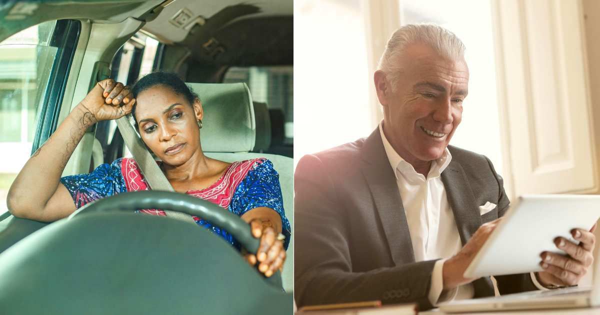 (L) Distressed woman sitting in driver's seat in car. (Representative Cover Image Source: Unsplash| Ali Mkumbwa), (R) Elderly man smiling while doing something on iPad. (Representative Cover Image Source: Pexels| Andrea Piacquadio)