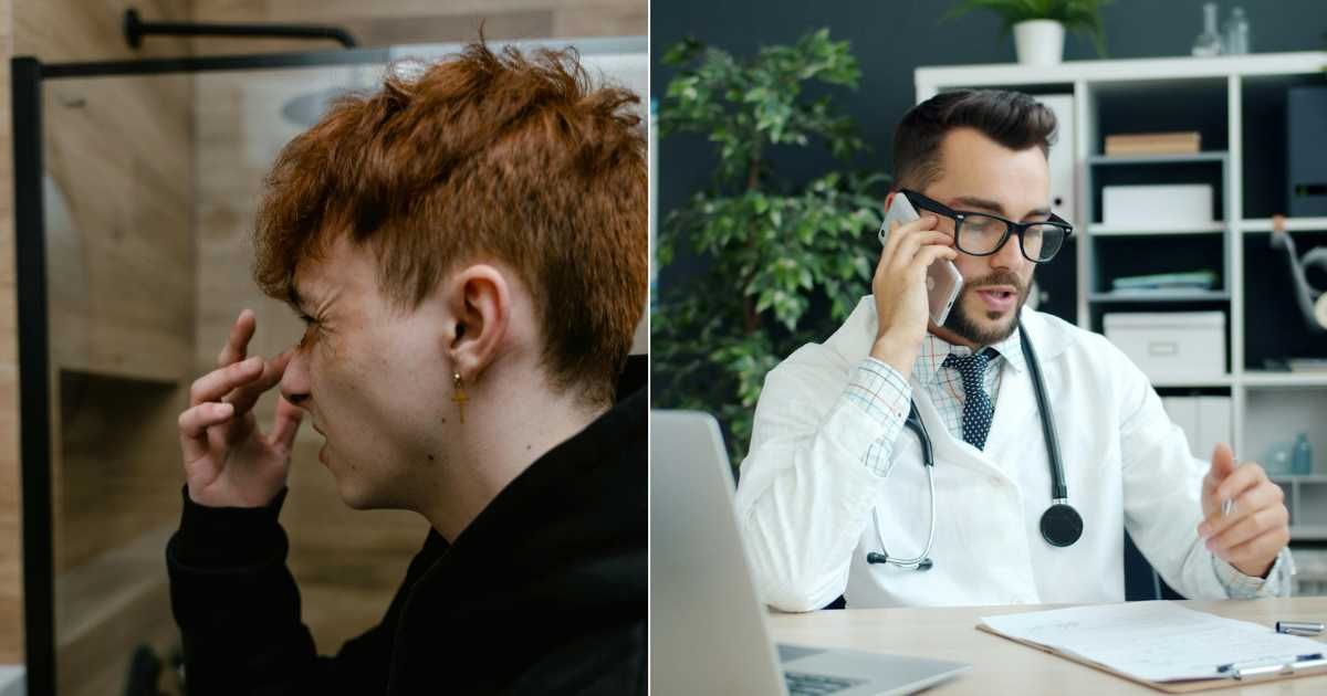 (L) Man touching spot on nose and looking in mirror. (Representative Cover Image Source: Pexels| Mart Production), (R) Doctor speaking to patient on call. (Representative Cover Image Source: Unsplash| Vitaly Gariev)