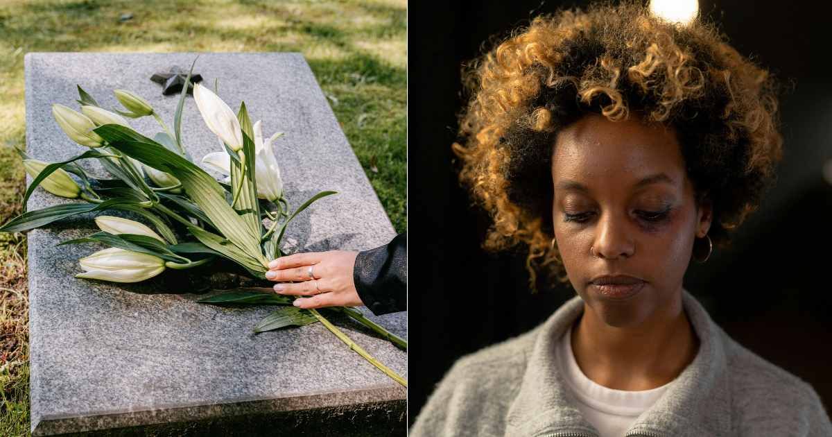 (L) Woman placing flowers on loved one's tombstone. (Representative Cover Image Source: Pexels| Ivan Samkov), (R) Woman grieving, looking pale and teary-eyed. (Representative Cover Image Source: Pexels| cottonbro studio)