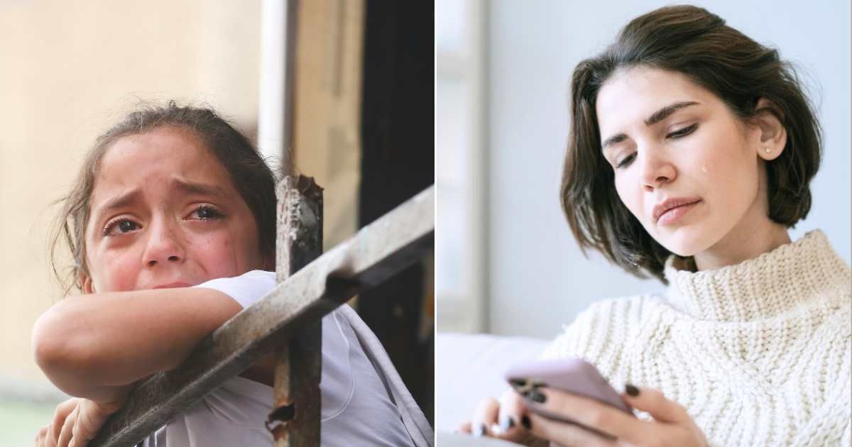 (L) Scared little girl looking at something and sobbing. (Representative Cover Image Source: Unsplash| diana khwaelid), (R) Woman in tears poignantly staring at phone. (Representative Cover Image Source: Pexels| Ivan Samkov)
