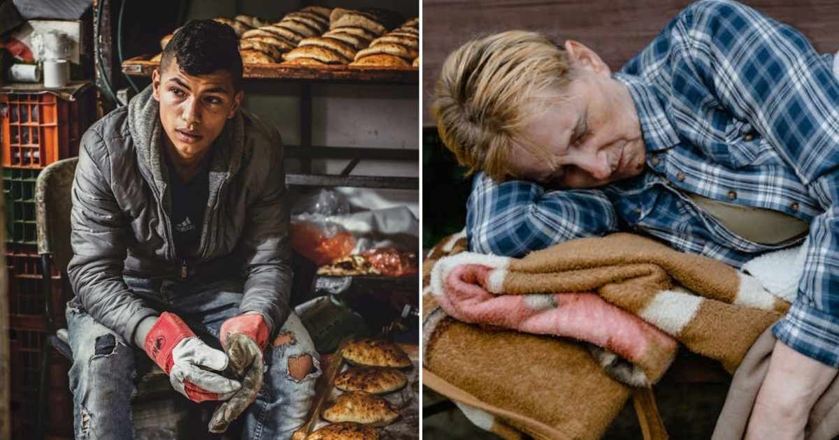 (L) Man inside a bakery. (R) Homeless woman sleeping on a bench. Representative Cover Image Source: Pexels | Tim Mossholder; MART PRODUCTION