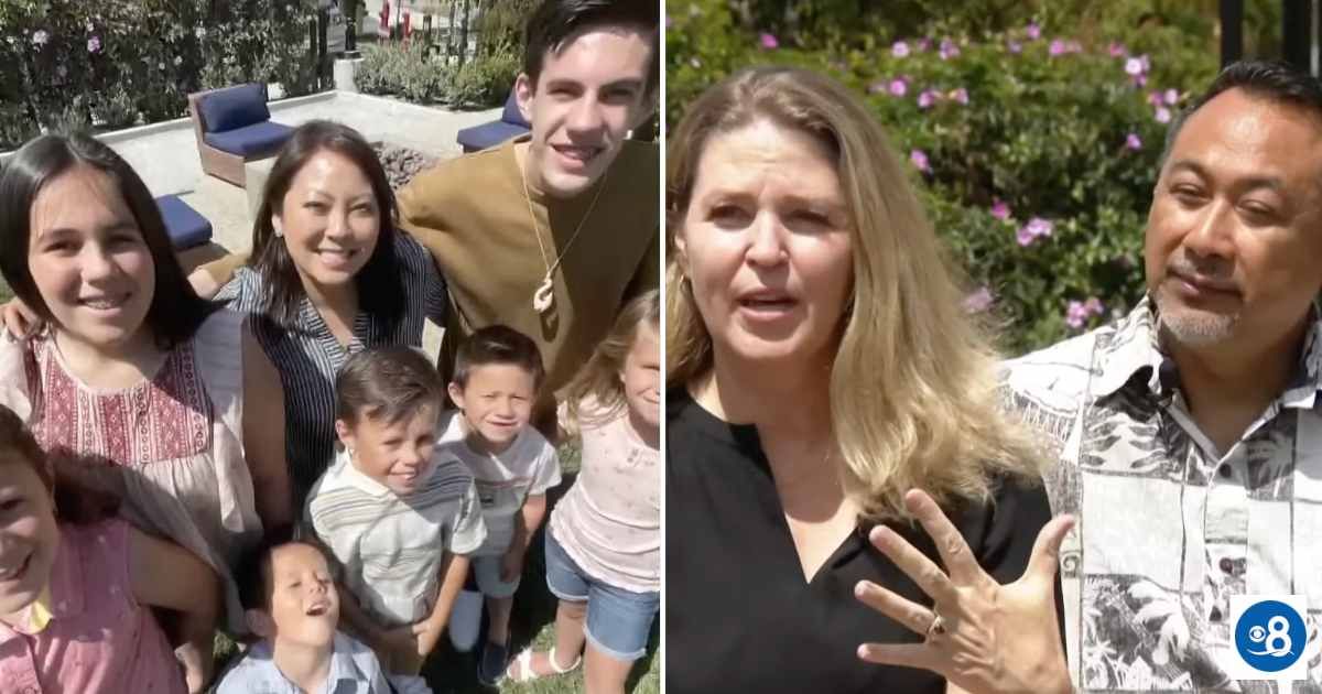 (L) The seven kids posing for a photo with a reporter. (R) The parents giving an interview. Cover Image Source: YouTube | CBS 8 San Diego