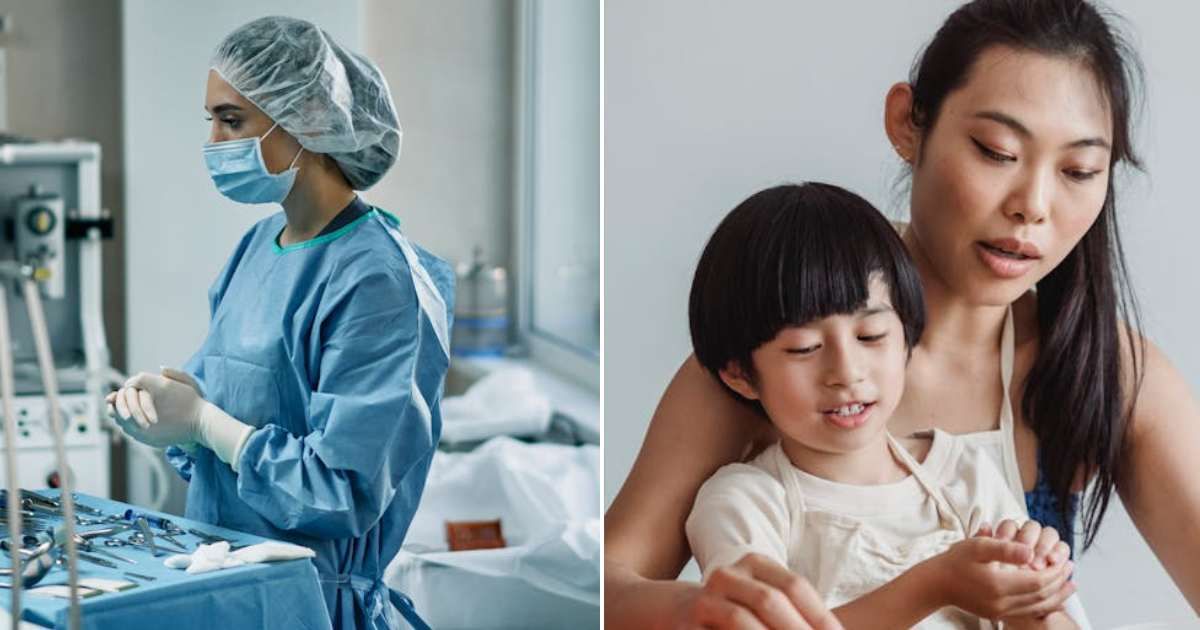 (L) A doctor preparing for surgery. (R) A mom talking to her toddler son. Representative Cover Image Source: Pexels | Cottonbro Studio; Kevin Malik