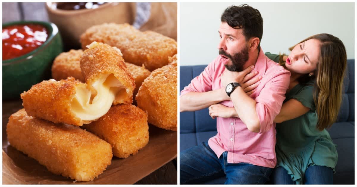 (L ) Mozzarella stick ; (R) A pregnant woman doing Heimlich Maneuver on her husband (Representative Cover Source: Getty Images | Photo by (L) IgorDutina ; (R) Antonio_Diaz)