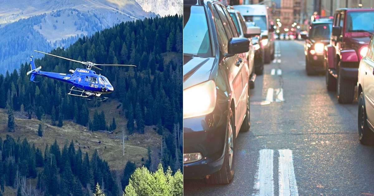 (L) Helicopter descending unusually fast. (Representative Cover Image Source: Pexels| Tiziano), (R) Cars halted on highway due to jam. (Representative Cover Image Source: Pexels| Life of Pix)
