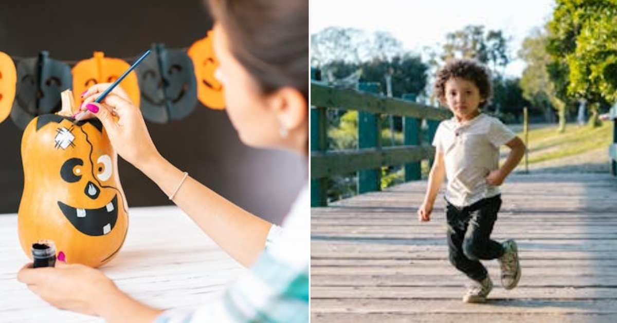 (L) Woman at a pumpkin painting party. (R) A toddler running to someone. Representative Cover Image Source: Pexels | Atlantic Ambience; RDNE Stock project
