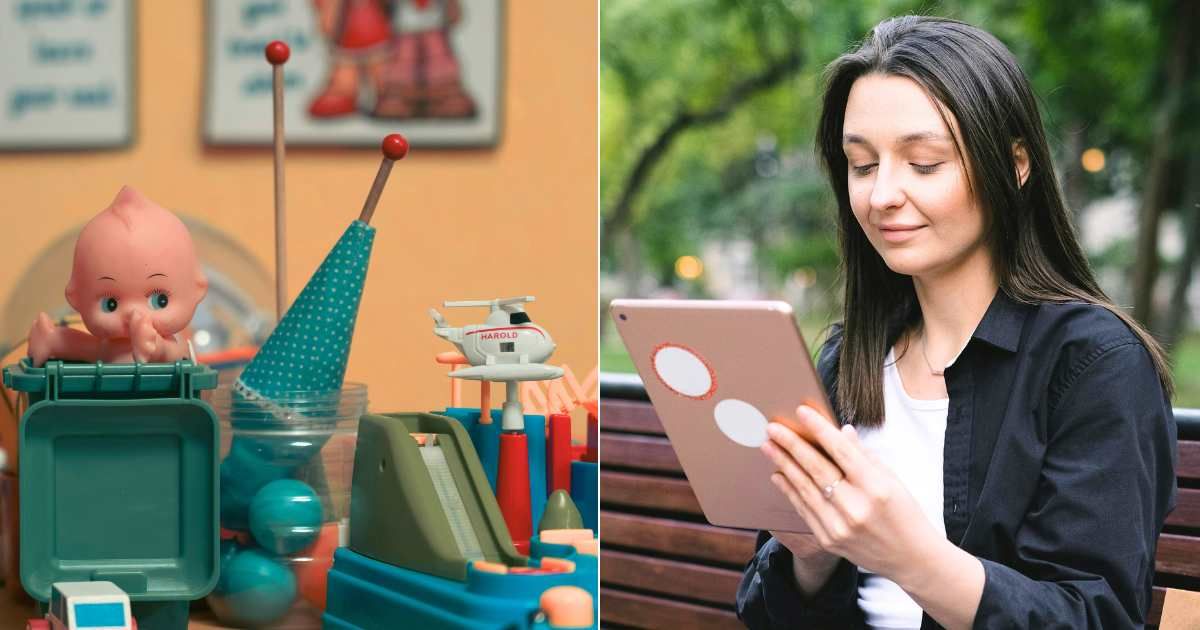 (L) Childhood toys and belongings collected together. (Representative Cover Image Source: Unsplash|  岁月 如歌 ), (R) Woman poignantly smiling while looking at iPad. (Representative Cover Image Source: Pexels| Anna Shvets)