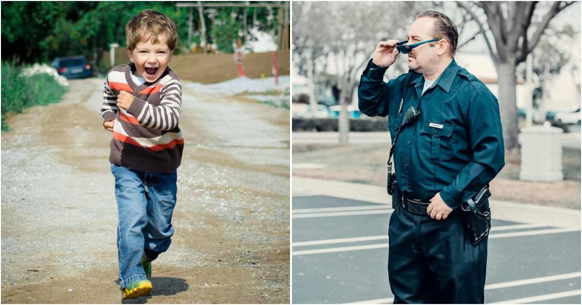 (L) Boy running along the road; (R) Police officer looking at something on the road while pulling his glasses off. (Representative Cover Image Source: Getty Images | Photo by (L) Luna Lovegood; (R) Kindel Media)