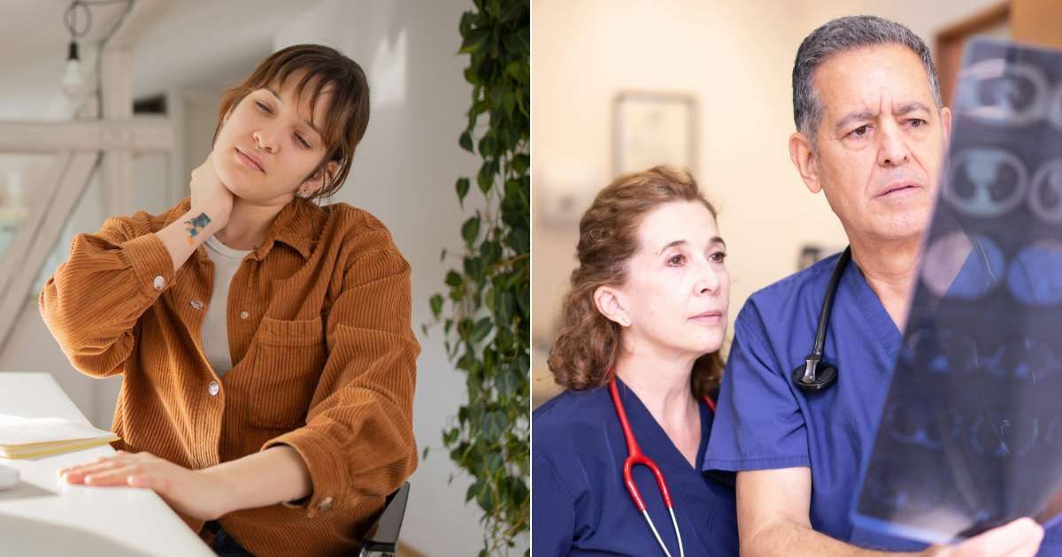 (L) Young woman holding neck and upper back in pain. (Representative Cover Image Source: Getty Images| Rockaa), (R) Neurosurgeons looking at scans. (Representative Cover Image Source: Pexels| Cristian Rojas)