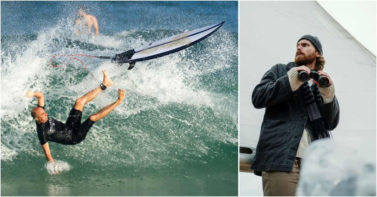 (L) Man falling off surfboard; (R) Man spotting something with his binoculars. (Representative Cover Image Source: Pexels | Photo by (L) Marik Elikishvili; (R) cottonbro studio)
