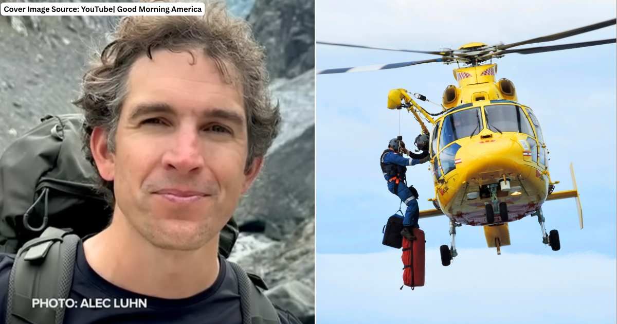 (L) Journalist and hiker Alec Luhn before getting stranded during hike. (Cover Image Source: YouTube| Good Morning America), (R) Rescue helicopter surfing area to locate missing person. (Representative Cover Image Source: Pexels| Michael D. Camphin)