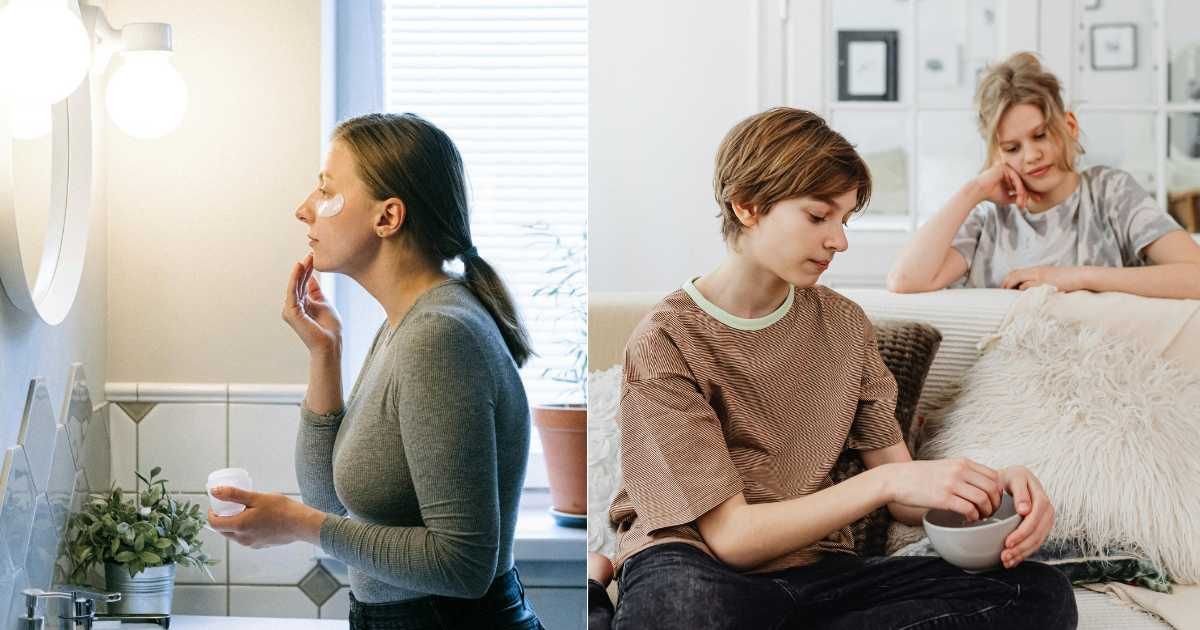 (L) Woman getting ready to go out. (Representative Cover Image Source: Pexels| Ivan Samkov), (R) Teen siblings getting suspicious and bored at home. (Representative Cover Image Source: Pexels| Karola G)