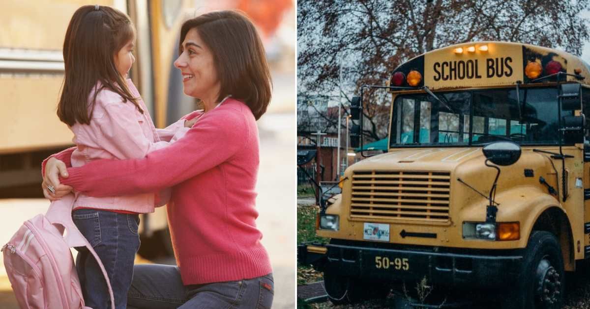 (L) Mom and daughter standing near a school bus. (R) A school bus on the road. Representative Cover Image Source: Getty Images | Ariel Skelley; Pexels | Cottonbro Studio