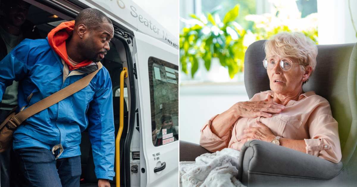 (L) A teen getting off the bus. (R) Scared old woman. Representative Cover Image Source: Getty Images | SolStock; Izusek