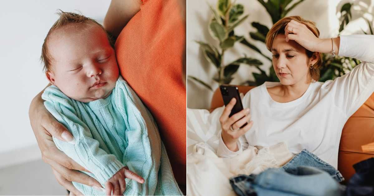 (L) Newborn asleep in mother's arms. (Representative Cover Image Source: Pexels| Helena Lopes), (R) Woman getting worried after looking at phone. (Representative Cover Image Source: Pexels| Karola G.)
