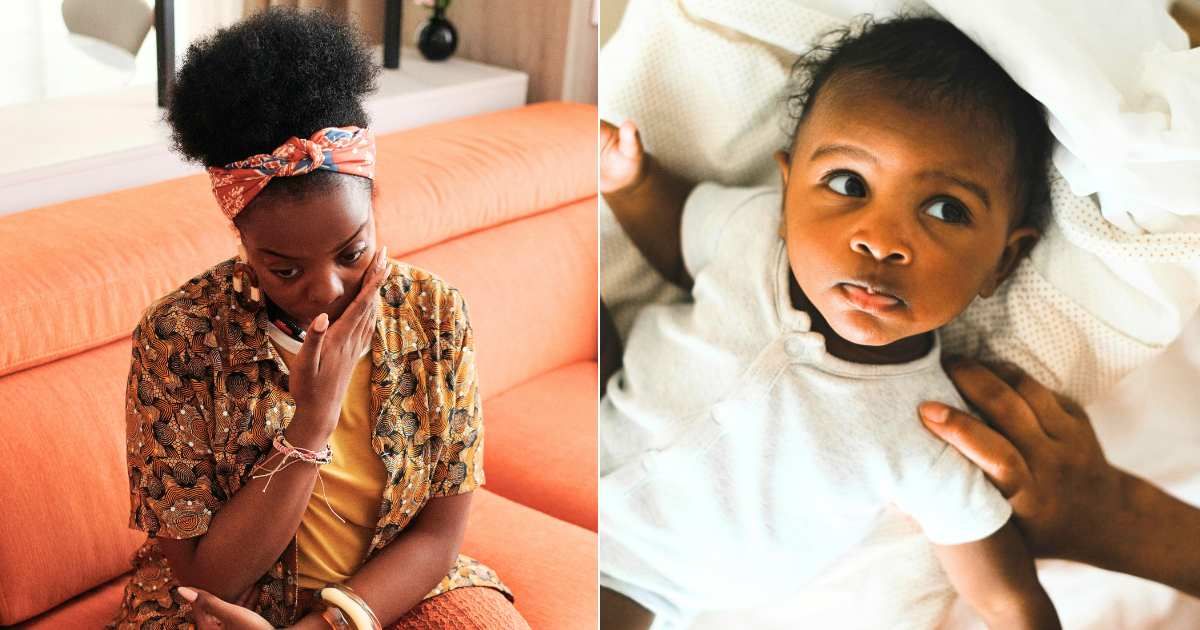 (L) Woman feeling uneasy, holding mouth and stomach. (Representative Cover Image Source: Pexels| Diva Plavalaguna), (R) Newborn lying on cloths. (Representative Cover Image Source: Pexels| Anna Shvets)