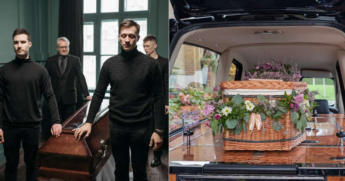 (L) People smiling poignantly while carrying coffin at funeral. (Representative Cover Image Source: Pexels| Pavel Danilyuk), (R) Coffin inside hearse. (Representative Cover Image Source: Unsplash| The Good Funeral Guide)